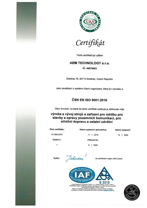 Certifikát ISO 9001 CZ